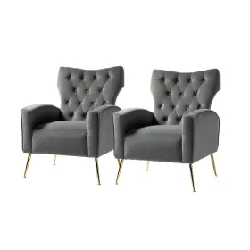 Chwh0116-grey-s2 Jayden Creation Brion Modern Grey Velvet Button Tufted Comfy Wingback Armchair