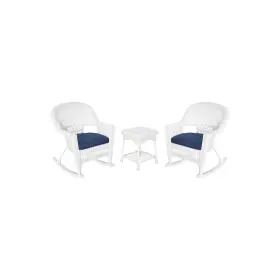 W00206r-b2-rces011 Jeco 3pc Rocker Wicker Chair Set With Blue Cushion White