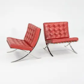 250ls Knoll 1995 Pair Of Mies Van Der Rohe Barcelona Lounge Chairs With Stainless Frames Red