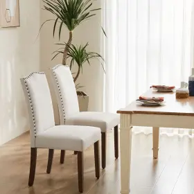 C-8109-2p-bg Kpuy Fabric Armless Dining Chair Set Of 2 Nailhead Trim And Wood Legs Beige