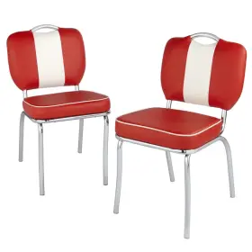 Latitude Run 744110517293 Upholstered Retro Dining Side Chairs 2 Kitchen Red White Faux Leather Chrome