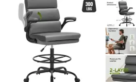 Ly-5192d-gry Layon Drafting Chair Tall Office With Padded Flip-up Armrests Executive