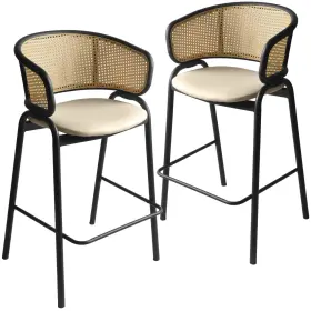 Leisuremod 8780011798744 Ervilla Wicker Leather Bar Stool With Black Stainless Steel Frame Set Of 2