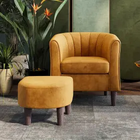 Lh159 Linsy Velvet Accent Chair Barrel With Ottoman Modern Comfy Yellow
