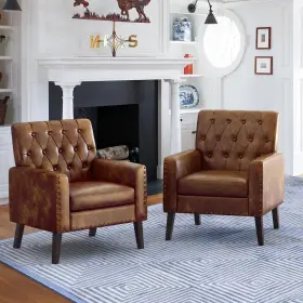 S223so0001-9hd Lue Bona Brown And Walnut Faux Leather Mid Century Modern Button Tufted Accent Chair With