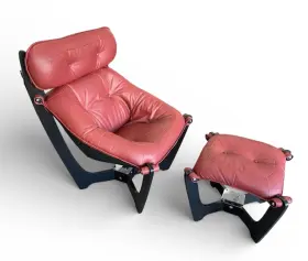 Luna 619084091868 Img High Back Chair And Ottoman In Prime Red Leather - Espresso Wood Base