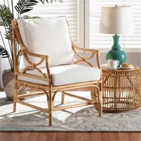 M-4960-2465770 Maklaine White Fabric Upholstered And Natural Brown Rattan Armchair