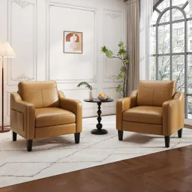 Vc-acw06-br-fl-2b Malol Pu Leather Accent Chair Set Of 2 Mid-century Modern Living Room Armchair Sof
