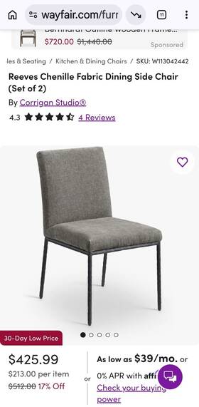 Meridian Furniture 11001grey-c Reeves Grey Chenille Fabric Dining Chair Set Of 2