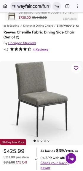 11001grey-c Meridian Furniture Reeves Grey Chenille Fabric Dining Chair Set Of 2