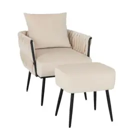 Modern Dutch Velvet Accent Chair Ottoman Set Weaved Arms-whit 473513115792 And With Back Arms-white
