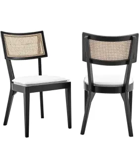 Eei-6080-blk-whi Modway Caledonia Wood Dining Chair With Cane Rattan In Black White - Set Of 2