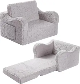 Momc-2in1-g Momcaywex Kids Chairs For Toddler 2-in-1 Soft Sherpa Couch Fold Medium Grey