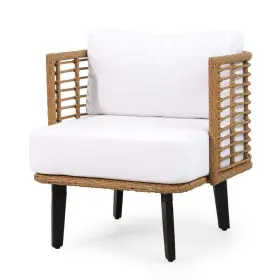 105993 Noble House Faux Rattan Outdoor Club Chair With White Cushion In Light Brown