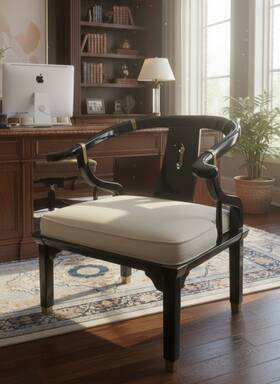 Ora Maison Sku-1090 Vintage Black Lacquer Asian Style Accent Chair Brass Accents Horseshoe Back
