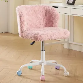 Porkiss 724004655577 Pink Vanity Chair Adjustable Swivel Rolling Desk Faux Fur Upholstered Cute