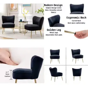 Mc-vac02-blk Pureline Set Of 2 Mid-century Velvet Accent Chairs Black Upholstered Slipper Wit