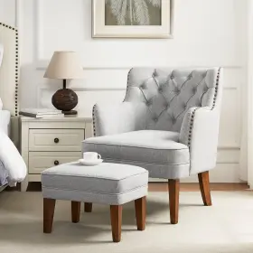 Retraction Built 686654788220 Grey Upholstered Button Tufted Armchair And Ottoman Set Solid Wood Legs 350lbs