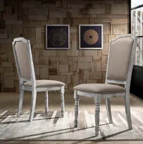 C404 Roundhill Furniture Iris Turned Leg Wood Dining Chair Set Of 2 Weathered White