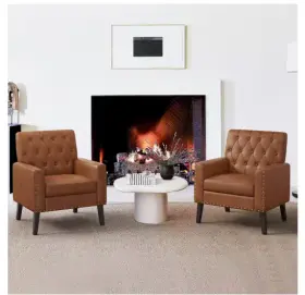 S223so0001-11hd Saleall2100 Leather Mid Century Modern Button Tufted Accent Chair With Wood Legs Set Of 2