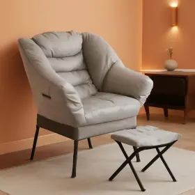 Shipitfurniture 313095928976 Fabric Lounge Chair With Ottoman Light Gray Overstuffed Padding