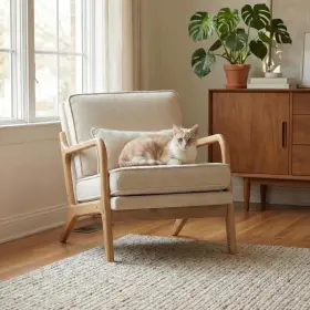 Smartue 744759092328 Modern Accent Chair Mid Century Wooden Upholstered Armchair With Lumbar Pillow