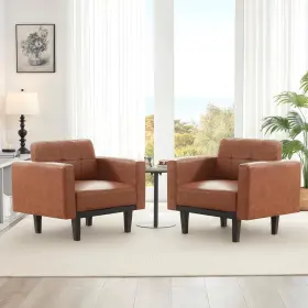 Sf024-2pcs-br Someet Mid-century 2 Pcs Brown Leather Accent Chair Set Of With Wood Base And Legs New