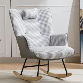 Spoflyinn 955608589782 35.5 Inch Nursery Rocking Chair Cotton Linen Upholstered Glider With High B