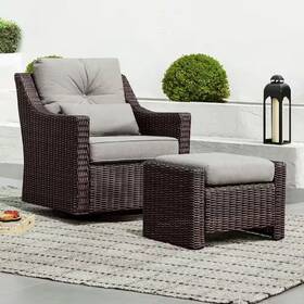 Spruce & Spring 445018738751 Thaddeus Brown Fabric 360 Rocking Swivel Wicker Accent Chair And Ottomans With