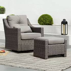 Spruce & Spring 744110946963 Thaddeus Grey Fabric 360 Rocking Swivel Wicker Accent Chair And Ottomans With G