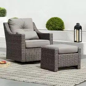Spruce & Spring 744110946963 Thaddeus Grey Fabric 360 Rocking Swivel Wicker Accent Chair And Ottomans With G