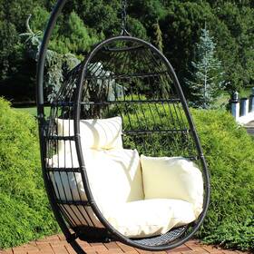 Sunnydaze Aj-180 Black Resin Wicker Hanging Egg Chair With Cushions - Cream By