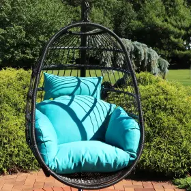 Aj-212 Sunnydaze Resin Wicker Hanging Egg Chair With Polyester Cushions - Blue By