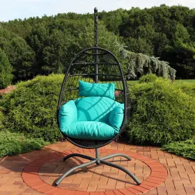 Aj-229 Sunnydaze Resin Wicker Hanging Egg Chair With Steel Stand/cushions - Blue By