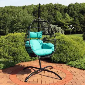 Tf-566 Sunnydaze Resin Wicker Hanging Egg Chair With Steel Stand/cushion - Teal By