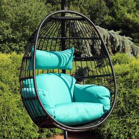 Sunnydaze Tf-573 Black Resin Wicker Hanging Egg Chair With Cushions - Blue By