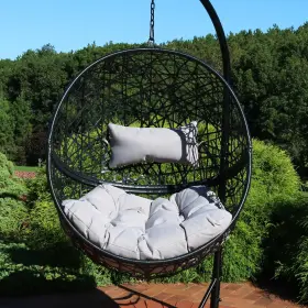 Tf-603 Sunnydaze Black Resin Wicker Round Hanging Egg Chair With Cushions - Gray By