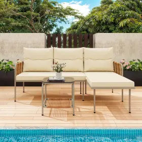 Taus 197839475465 Outdoor 3 Pieces Patio Furniture Set Wicker Rattan Sectional L-shaped Sofa