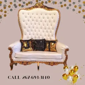 Qn112whtgd The Interior Gallery Double High Back Chair Queen Throne In White Leather Gold Frame