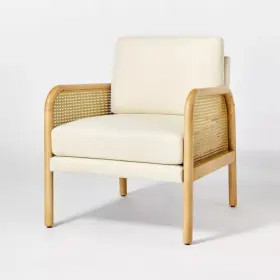Threshold 191908973081 Cane And Upholstered Accent Chair Cream Rubberwood Frame Lacquered Finish