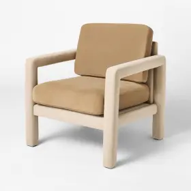Threshold 198101022868 Upholstered Sculptural Accent Chair Brown Wooden Frame Padded Seat Raised Arms