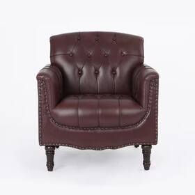 Uixe 445017335326 Mid-century Dark Red Faux Leather Button Tufted Accent Arm Chair With Wood Legs
