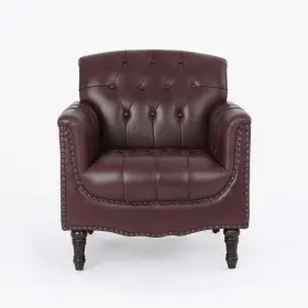 Uixe 445017335326 Mid-century Dark Red Faux Leather Button Tufted Accent Arm Chair With Wood Legs
