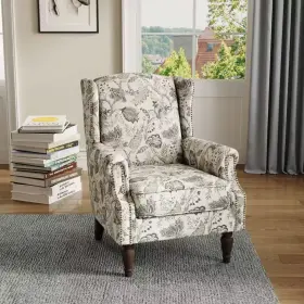 Uixe 445034547597 Retro Plants Beige Linen Nailhead Trim Upholstered High Back Accent Arm Chair Wi
