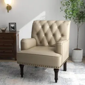 Fop-ch0012-be Uixe Modern Vintage Nailhead Trim Beige Pu Upholstered Accent Armchair With Solid Of