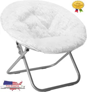 K656241 Urban Lifestyle Saucer Chair Round Foldable Furry Padded Moon For Living Room White