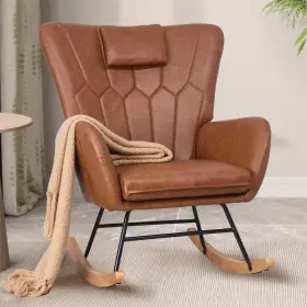 Vecelo 840408937214 Rocking Chair Nursery With Thick Headrest Modern Pu Upholstered Reading Glid
