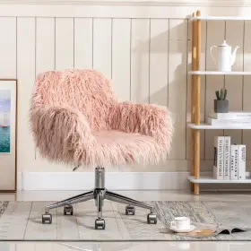 Us921-548pk0141 Vinsetto Pink Swivel Faux Fur Office Chair Vanity With Adjustable Height Wheels