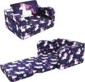 World Base Llc 445023722752 Kids Folding Couch Purple Unicorn Toddler Chair Fold-out 2-in-1 Sofa Bed Comf