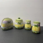 Alco Industries Palm Tree Ceramic Napkin Holder Sugar Jar Salt Pepper Shaker Set Used. Price: $29.99.